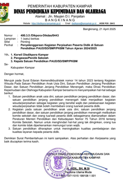 Disdikpora Kampar: Perpisahan Siswa Tidak Wajib, Dilarang Bebani Orang Tua