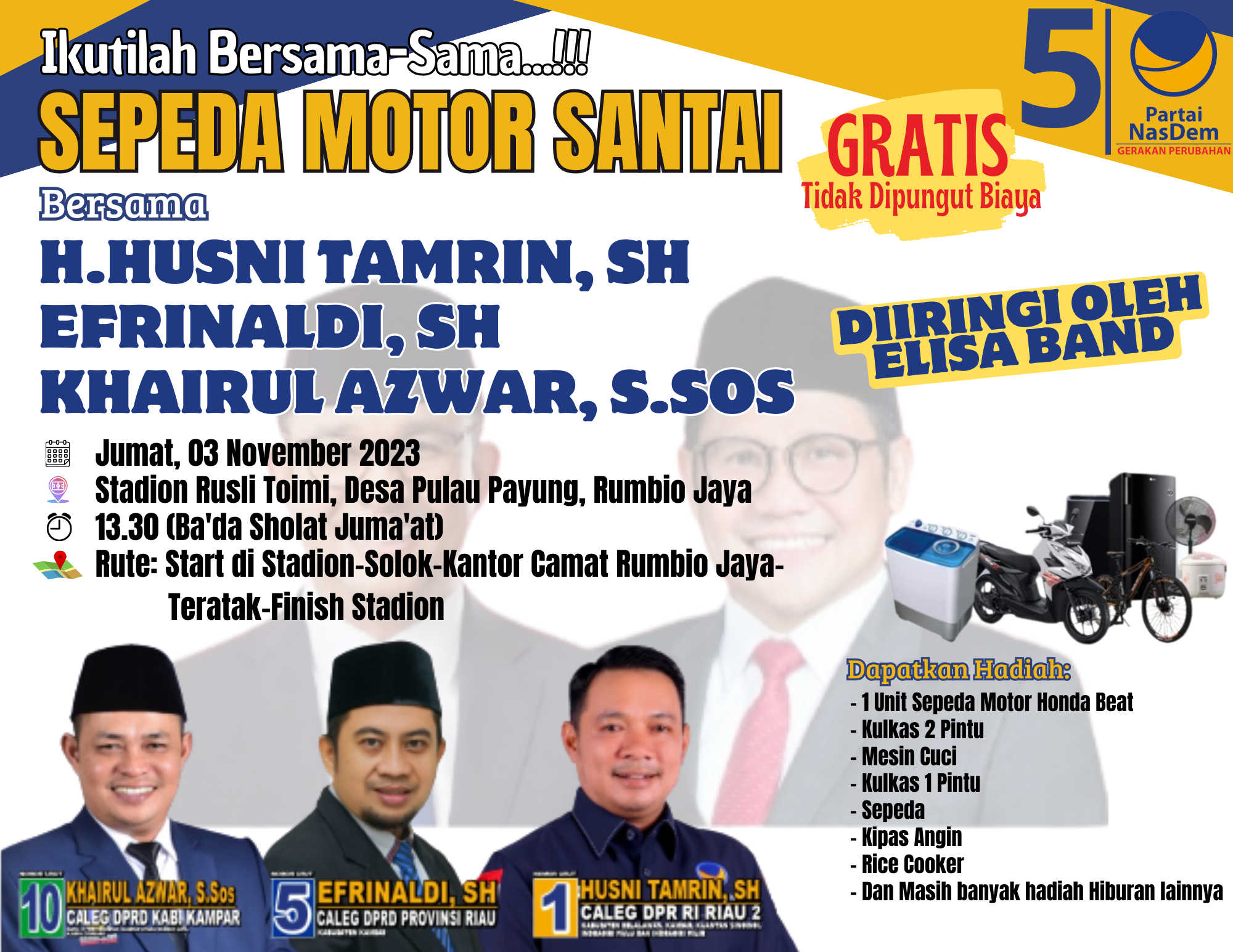 Taja Kegiatan Sepeda Motor Santai, Nasdem Kabupaten Kampar Siap Biru kan Kecamatan Rumbio Jaya